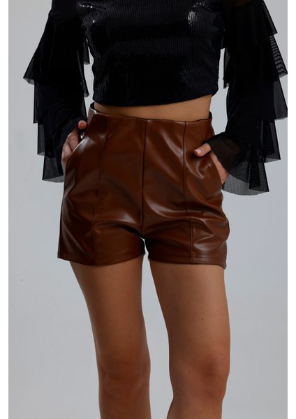 Suni Deri Yüksek Bel Şort | ŞRT34533 Taba fırsatları