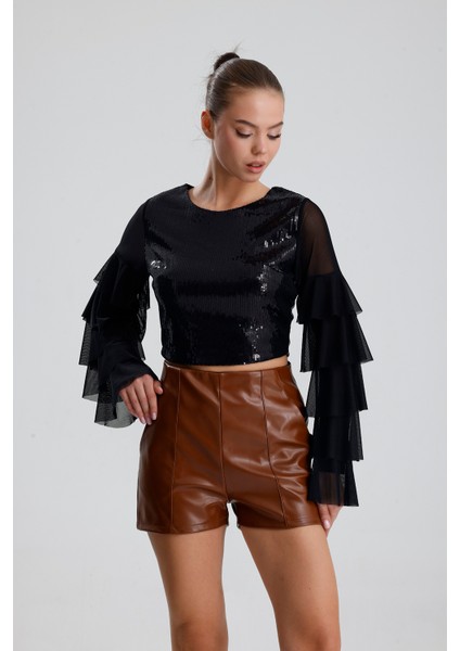 Suni Deri Yüksek Bel Şort | ŞRT34533 Taba