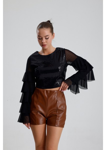 Suni Deri Yüksek Bel Şort | ŞRT34533 Taba