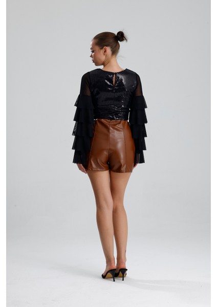 Suni Deri Yüksek Bel Şort | ŞRT34533 Taba