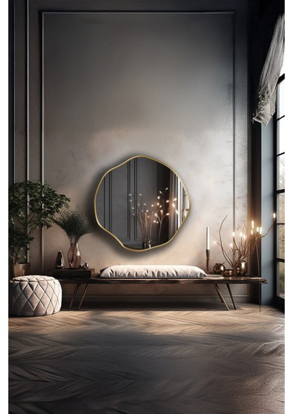 Premium Asimetrik Yuvarlak Dekoratif Ayna Dresuar Aynası – Zarif Duvar Aynası