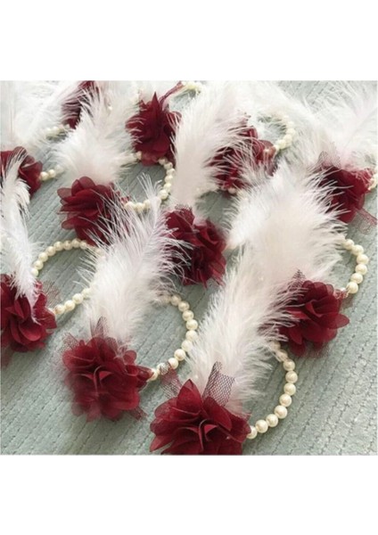 Kına Gecesi Nedime Bilekliği Incili Gül ve Tüylü 10 Adet Bordo