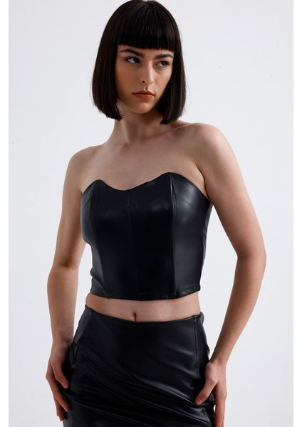 Fermuarlı Suni Deri Büstiyer | BUST34504