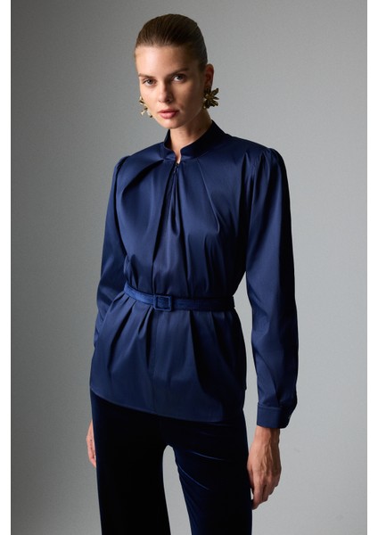 Önden Fermuar Kapamalı Beli Kemerli Hakim Yaka Gömlek Lacivert K2613535_015