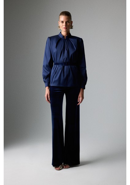 Önden Fermuar Kapamalı Beli Kemerli Hakim Yaka Gömlek Lacivert K2613535_015 modelleri