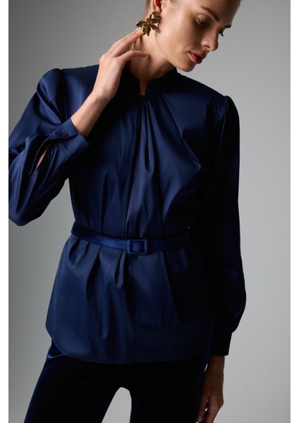 Önden Fermuar Kapamalı Beli Kemerli Hakim Yaka Gömlek Lacivert K2613535_015 fırsatları