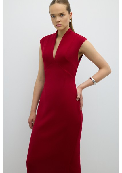 V Yaka Cup Detaylı Midi Boy Elbise Bordo K2611505_008 modelleri