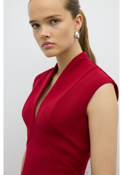 V Yaka Cup Detaylı Midi Boy Elbise Bordo K2611505_008 fırsatları
