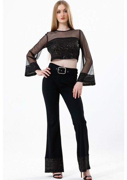 Kemer Detaylı Payetli Abiye Pantolon | PNT35805