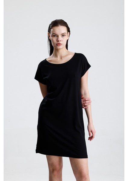 Likralı Viskon Mini Viskon Elbise | BLZ36387 Siyah