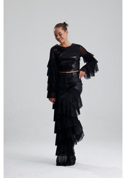 Payetli Tül Kol Crop Bluz | BUST36090 Siyah modelleri