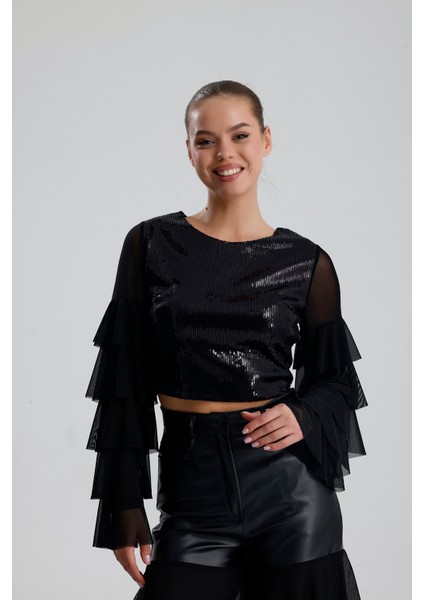 Payetli Tül Kol Crop Bluz | BUST36090 Siyah fırsatları