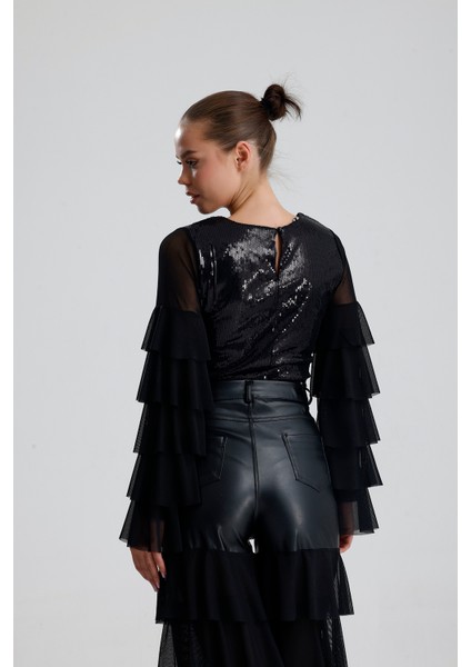 Payetli Tül Kol Crop Bluz | BUST36090 Siyah indirimleri