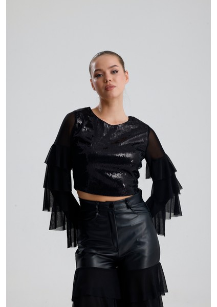 Payetli Tül Kol Crop Bluz | BUST36090 Siyah