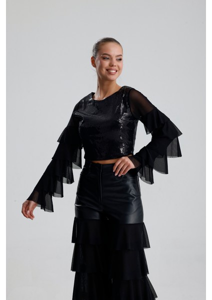 Payetli Tül Kol Crop Bluz | BUST36090 Siyah