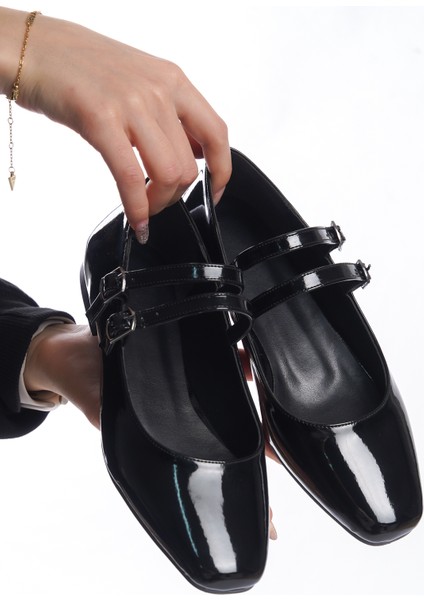 Siyah Çift Bantlı Kare Burun Günlük Babet