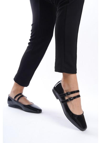 Siyah Çift Bantlı Kare Burun Günlük Babet fiyatları