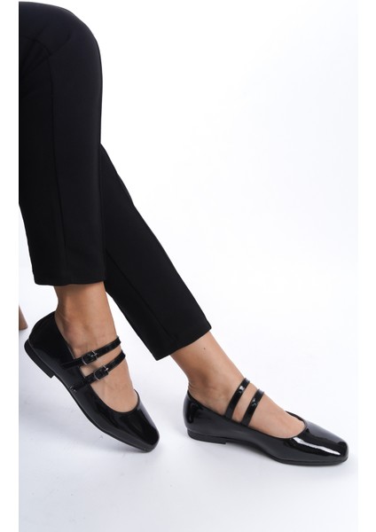 Siyah Çift Bantlı Kare Burun Günlük Babet modelleri