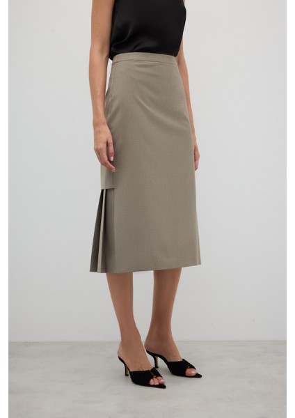 Arkası Pili Detaylı Yün Karışımlı Midi Boy Etek Kum Beji K2615048_267 modelleri