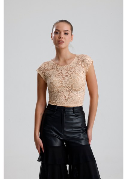 Dantel Transparan Kısa Kollu Bluz | BUST35379