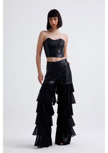 Tül Fırfır Detaylı Suni Deri Pantolon | PNT35953