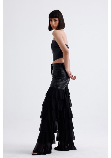 Tül Fırfır Detaylı Suni Deri Pantolon | PNT35953 modelleri