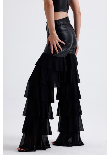 Tül Fırfır Detaylı Suni Deri Pantolon | PNT35953 fırsatları