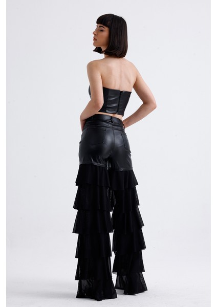 Tül Fırfır Detaylı Suni Deri Pantolon | PNT35953 indirimleri