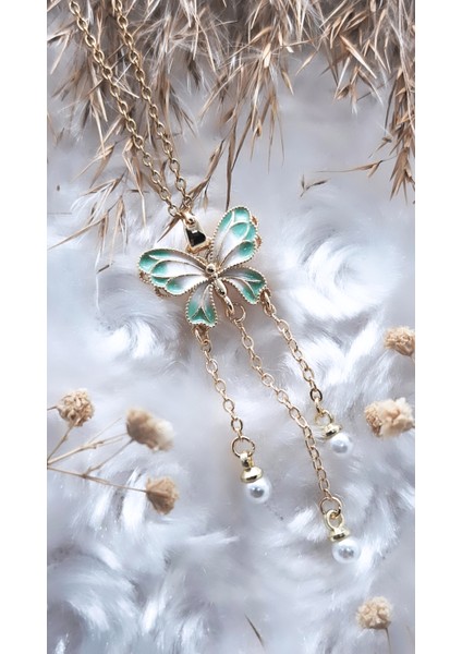 Yeşil Beyaz Mineli Incili Kelebek Çelik Kolye