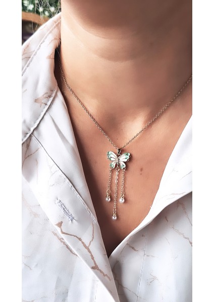 Yeşil Beyaz Mineli Incili Kelebek Çelik Kolye fiyatları