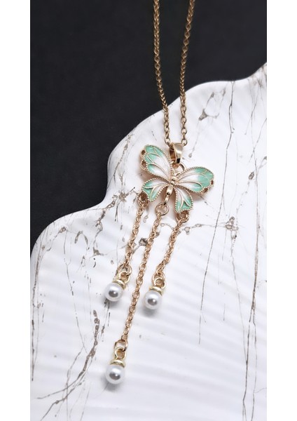 Yeşil Beyaz Mineli Incili Kelebek Çelik Kolye modelleri