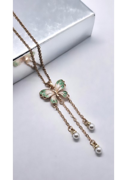 Yeşil Beyaz Mineli Incili Kelebek Çelik Kolye fırsatları