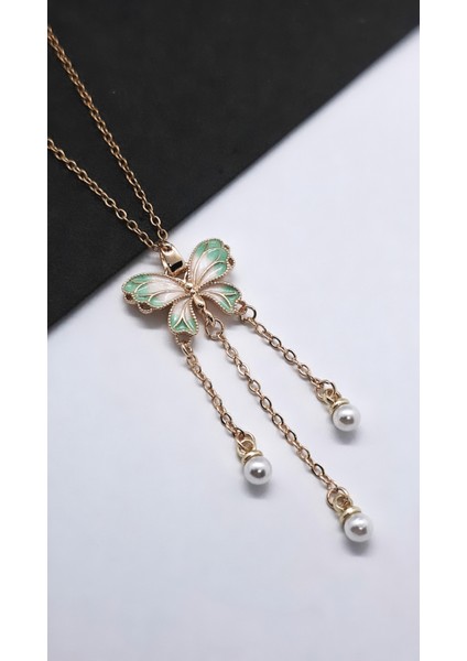Yeşil Beyaz Mineli Incili Kelebek Çelik Kolye indirimleri
