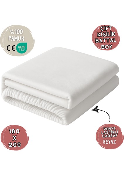 %100 Pamuk Likralı Lastikli Penye Çarşaf – Beyaz – Çift Kişilik Battal Boy (180X200)