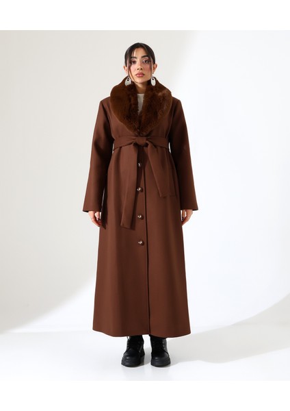 Kadın Şal Yaka Kürk Detay Uzun Büyük Beden Kaşe Kaban