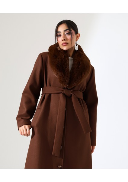 Kadın Şal Yaka Kürk Detay Uzun Büyük Beden Kaşe Kaban