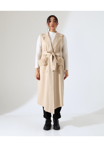 Kadın Kürk Detay Çift Cep Uzun Yelek