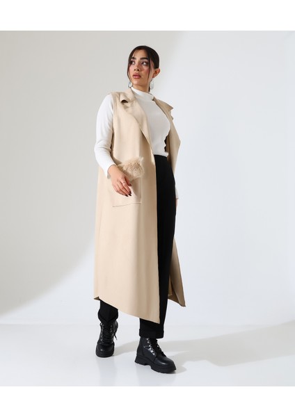 Kadın Kürk Detay Çift Cep Uzun Yelek fiyatları