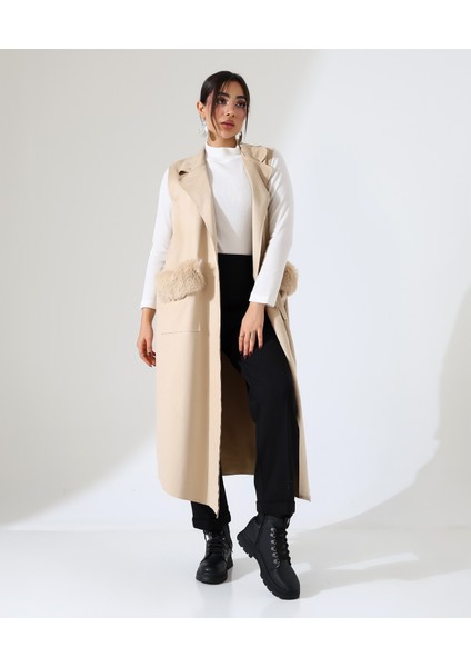 Kadın Kürk Detay Çift Cep Uzun Yelek modelleri