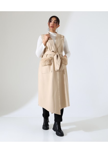 Kadın Kürk Detay Çift Cep Uzun Yelek fırsatları