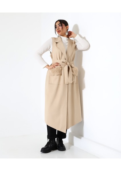 Kadın Kürk Detay Çift Cep Uzun Yelek