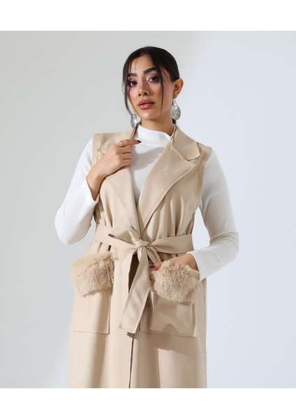 Kadın Kürk Detay Çift Cep Uzun Yelek