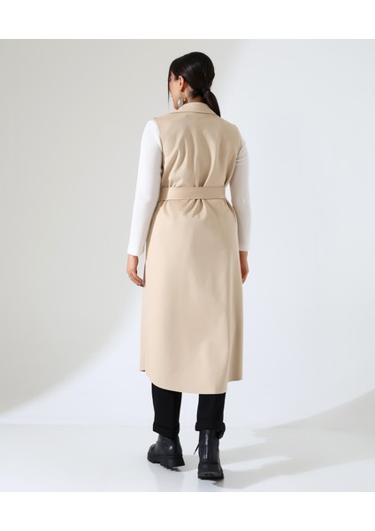 Kadın Kürk Detay Çift Cep Uzun Yelek