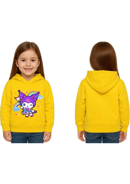 Unisex Baskılı Çocuk Swaetshirt Kapüşonlu 3 Iplik Şardonlu Kuromi Baskılı