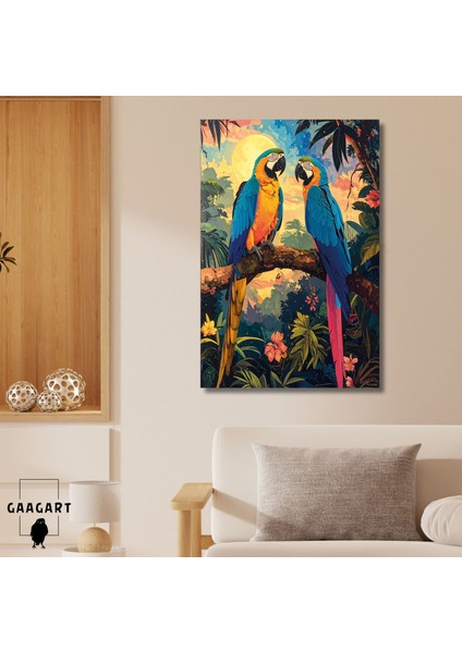 Tekli Dikey Kanvas Tablo Ağaç Dalında Iki Papağan Renkli