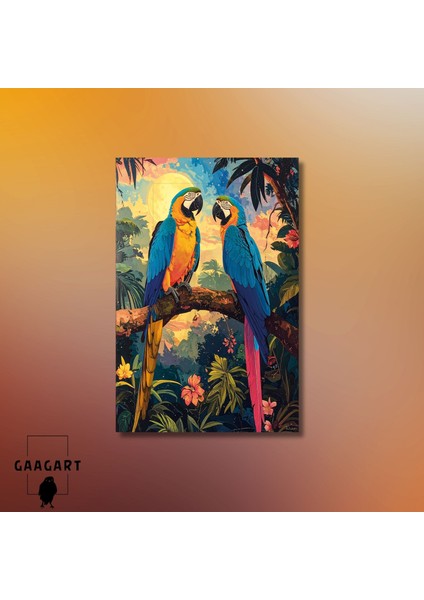 Tekli Dikey Kanvas Tablo Ağaç Dalında Iki Papağan Renkli modelleri