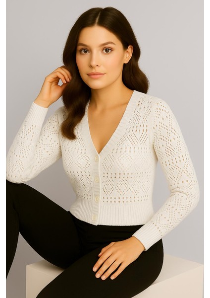 Kadın V Yaka Önü Düğmeli Mevsimlik Hırka modelleri