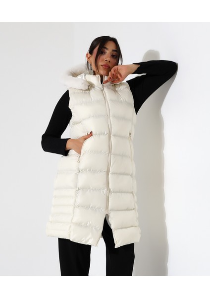 Kadın Kürk Detay Kapitone Şişme Yelek