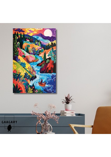 Tekli Dikey Kanvas Tablo Çok Renkli Kayık ve Manzara