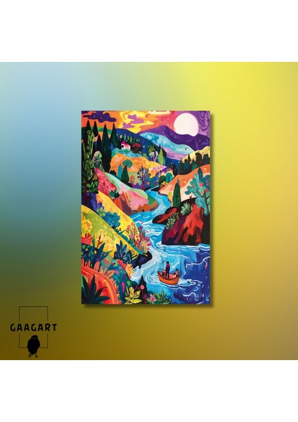 Tekli Dikey Kanvas Tablo Çok Renkli Kayık ve Manzara modelleri